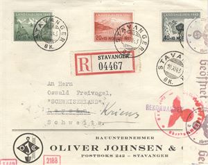 NK 319-321 Landshjelp I FDC stemplet Stavanger 10-XI-43 REK på Reklamekonvolutt "Oliver Johnsen", sendt til Sveits Sensur og ankomststemper