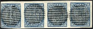 1. 4 skilling våpen 1855 i horisontal 4-stripe, hvor hvert merke er annullert med riststempel. To gode- og to litt smale marger.