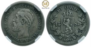 50 øre/30 skilling 1874 Oscar II. Gradert til VF30 hos NGC. Kv.1