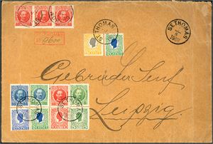 24--40. DWI. 220 BIT postage to Germany. 13 stamps on a large registered envelope to Leipzig, cancelled "St. Thomas 7.8.1808".  Two Official Post Office (version III) and arrival postmark at reverse.