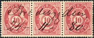 25. 10 øre skravert Posthorn i horisontal 3-stripe, vakkert anert med håndskrevet "Bredebygden 24-11-80" (OP).