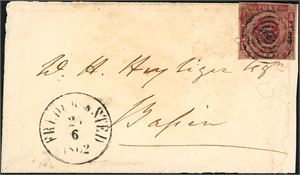 1 c. DWI. 3 cent with brown glue (1. print, 1855) on small envelope, cancelled with a stub postmark, and "Frederiksted 27/6 1862" at side. Margins at all sides. Some small holes on the envelope, and two on the stamps from desinfection. Cert. L. Nielsen.