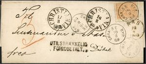 12. 2 skill 2 på brevomslag, stemplet "Chra 5E Byp. 16.8.69" og sendt til Drøbak. Brevet er påskrevet portotall "3" samt stemplet "Utilstrækkelig forudbetalt." samt "Christiania 17.8.1869" og "Aas 19.8.1869".