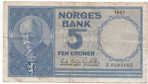 5 kroner 1961 Z.0203165 erstatningsseddel. Kv.1-