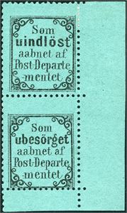 R 2 x,2x v1. "Som uindløst" i vertikalt par, der nedre merke har variant "Som ubesørget". Perforeringen er splittet mellom merkene, men henger i høyre marg. Varianten er meget letthengslet.