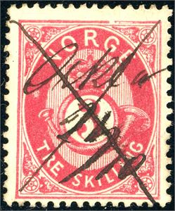 18 b. 3 skilling Posthorn, anert med blekkryss samt håndskrevet dampsskipsnavn "Orkla 21/10".