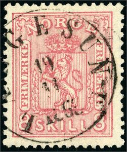 15 a. 8 skill 8 i rosa farge på tynt papir, stemplet "Langesund 19.11.1868".