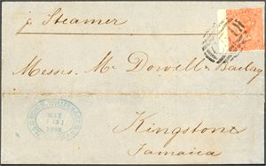 Z 10. DWI. 4 d orange (pl. 9) on letter, cancelled "C 51" and sent to Jamaica. Forwarding stamp "Schön, Willink & Co St Thomas May 5 18 5 1868" in lover left corner. On reverse "St-Thomas B My 17 68" cds and "Kingston Jamaica A my 21 68".