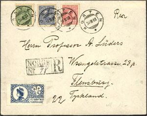 89/91. Haakon 1907 i komplett serie på konvolutt, stemplet "Horten 30.3.08" og sendt rekommandert til Flensburg, Tyskland. Transitt, og ankomststempel på baksiden.