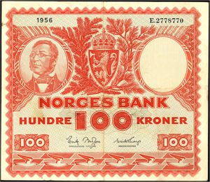 100 kroner 1956, serie E.2778770. 2