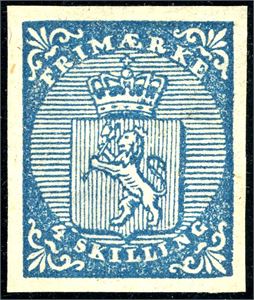 1. 4 skilling Våpen 1855. Pent og rent merke. Normale marger. Attest Aune.