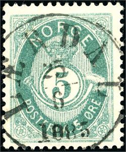 42 Ia. 5 øre 21 mm, rettvendt fullstemplet med enrings "Lærdal 25.6.1885".