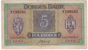 5 kroner London 1944 Y.198592. Kv.1