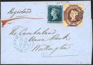 14,57. GB. One 2d Line engraved and one 6d Embossed on complete registered letter, cancelled number "700" and "Sheffield Ju 30 1854" at side. "Manchester Ju 30 1854" and arrival postmark at reverse. Both stamps are witout margins at the right side.