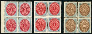 6,11 y. The 3 c 1872 from the 2.th and 6.th printing in superb blocks of four. Also the 10 c from the 7.th printing in a block of four.