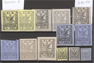 Bypost Drammen Bypost III.  Samling med alle 7 hovednummer og flere variasjoner.