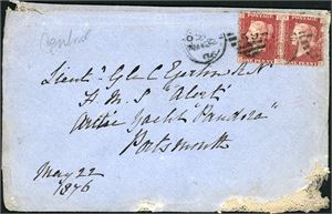 Historic polar postal history cover with two 1d red on an Official blue envelope, cancelled "London my 22 76" (1876) and sent to "Lieutenant Egerton R.N. HMS Alert-Arctic Yacht Pandora Portsmouth". Transit "Portsmouth My 23 76" cds at reverse. The Pandora under Allen Young was sent to take mail to the British Arctic Expedition of 1875-76 in Greenland. Egerton reached a Farthest North during a sledge trip on this expedition.
