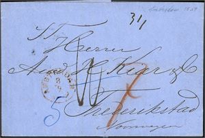 Komplett delvis betalt, ufrankert brev, stemplet "Amsterdam 8.9.1859" og sendt til Fredrikstad. To ulike stempler fra Hamburg på baksiden. Satt i porto med 32 sk.