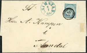 1. 4 skilling våpen 1855 på brevomslag, anert med nummerstempel "91", og ved siden stemplet "Grimstad 8.2.1857". Merket med gode marger i alle sider.