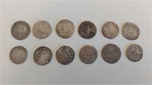 POLEN SIGISMUND III VASA parti 12 st 3-Groschen silvermynt, diverse årtal och präglingsorter.