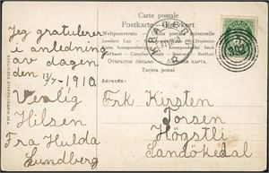 99. 5 øre posthorn på postkort, annullert med 4-rings "392" (Levang, Skaatø, TE), og ved siden stemplet "Kragerø 11.7.10". Kortet med hjørnebrekk.