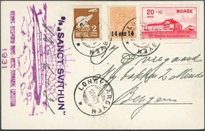3 Norwegian stamps on postcard, cancelled "Longyearbyen 18.8.31" and two private stamps on the side: "Wilkins-Ellswort Trans-Artic Submarine Expedition 1931" and "S/S Sanct Svithun". The other side with a pictures of "D/S Sanct Svithun".