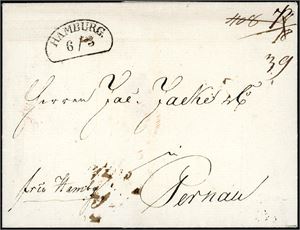 An entire, dated "Bergen 20 febr 1829" sent to Pernau, Russia, cancelled "Hamburg 6/3" on front and "K.S. & N.D. Hamburg 6 Mar 29" on reverse.