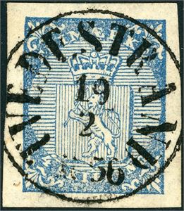 1. 4 skilling våpen 1855, rettvendt stemplet "Tvedestrand 19.2.1856". Meget gode marger.