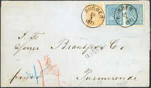 12,14. 10 skillings porto til Holland. 2 skill 2 og et horisontalt par 4 skill 4 på brevomslag til Purmerende, stemplet "Riisøer 24.3.1871". "Christiania Omk", "Wamdrup Flensburg" og ankomststempel på baksiden.
