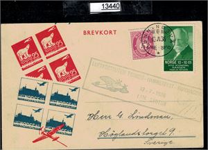 FØRSTEFLYVNING "TROMSØ-HAMMERFEST-HONNINGSVÅG 1ste SYDTUR 13-7-1936" på spesialkort. Utrop 150 på annen auksjon