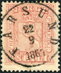 9. 8 skill. Fargefriskt merke, vakkert stemplet "Farsund 22.9.1867" (VA).