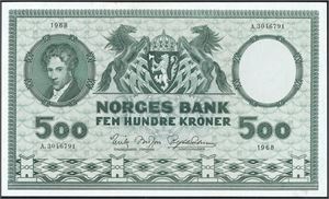 500 kroner 1968, serie A.3046791. 1+/01