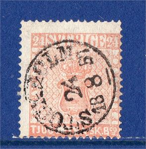 F5a 24 skill bco mattröd, stpl. Stockholm 24.8.1857.Vackert och felfritt ex, attest Grönstedt. (F 18 000:-)