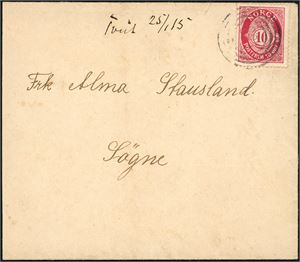 100. 10 øre Posthorn på konvolutt, anert med 4-rings "837" (Gjærbrønden, Landvik, VA) og ved siden håndskrevet "Tveit 25/1 15". Og sendt til Søgne. Konvolutten noe klippet i venstre side.