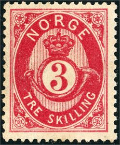 18 bX. 3 skilling Posthorn. Meget friskt merke med god tagging. (4.000,-).