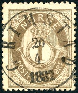 22. 1 øre skravert Posthorn, vakkert stemplet "Grimstad 20.4.1882".