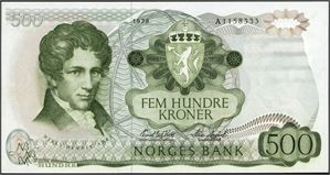 500 kroner 1978, serie A 1158333. 0/01