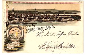 HILSEN FRA CHRISTIANSSAND (Conradis Boghandel/V. Simonsen). Udelt bakside, sendt til Tyskland 1899