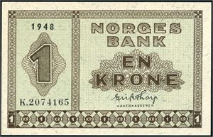 1 krone 1948, serie K.2074165. 01