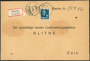 154. 60 øre Løve II på bankokonvolutt (Kr 134,52), annullert med hjelpestempel "Mjøndalen 23.6.36" (BU).