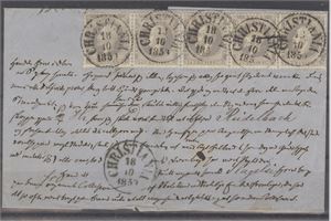 Brev NK 3 , skill lillagrå Oscar , 5 stripe på brevomslag til Danmark stemplet Christiania 18.10.1858.  Korrekt porto til Danmark.  Brevet har vært sendt til fam. Rudelbach i Slagense.  Attest Hans J. Enger:  "Ekte og samhørende med brevomslaget".  Brevomslagets forside har i tiden etter forsendelsen blitt anvendt til skrivepapir!.  5-stripen er i god kvalitet!