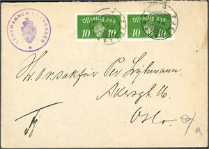 T 23. To 10 øre Off Sak på konvolutt, annullert med hjelpestempel "Fjellstrand 10.12.36" (AK).