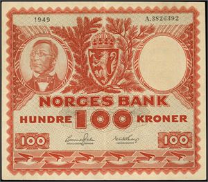 100 kroner 1949, serie A.3826392. 01/1+