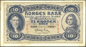 10 kroner 1935, serie U.4810577. 1+