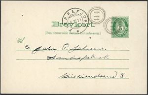 5 øres Brevkort, anert med 4-rings "114" (D/S Alf), og ved siden stemplet "Flekkefjord 1.11.11".