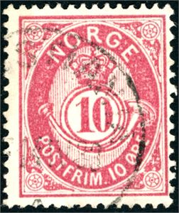 38 xY. 10 øre Posthorn 1883 på papr fra Moestue med stående vannmerke, stemplet "Christiania 14.4.83". Vm.st. 5. Attest Enger.