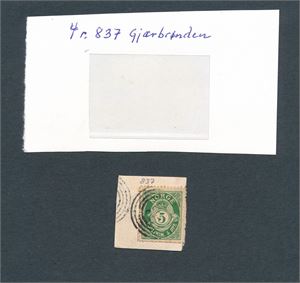 Nk 76 på klipp med 4-rings "837" (Gjærbrønden)(Grimstad). Litt svakt avtrykk, men MEGET uvanlig