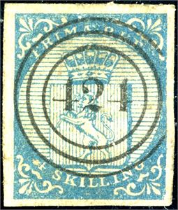En av de kjente forfalsningene av 4 skilling våpen 1855, med falskt 3-ringsstempel "424". Normale- til smale marger.