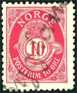 68. 10 øre grovtagget Knudsen, annullert med linjestempel "Bygland" (D/S Bygland).