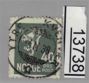 Nk 152 o. 40øre grå fullstemplet "YTRE KVENVÆR 4 II 38". GI BUD!